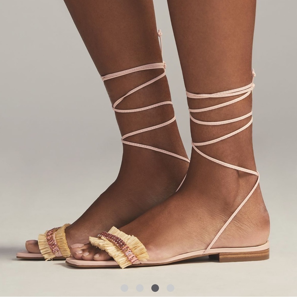 NWT Anthropologie Pink Rhinestones Straw Leather Ankle Straps Flat Sandals